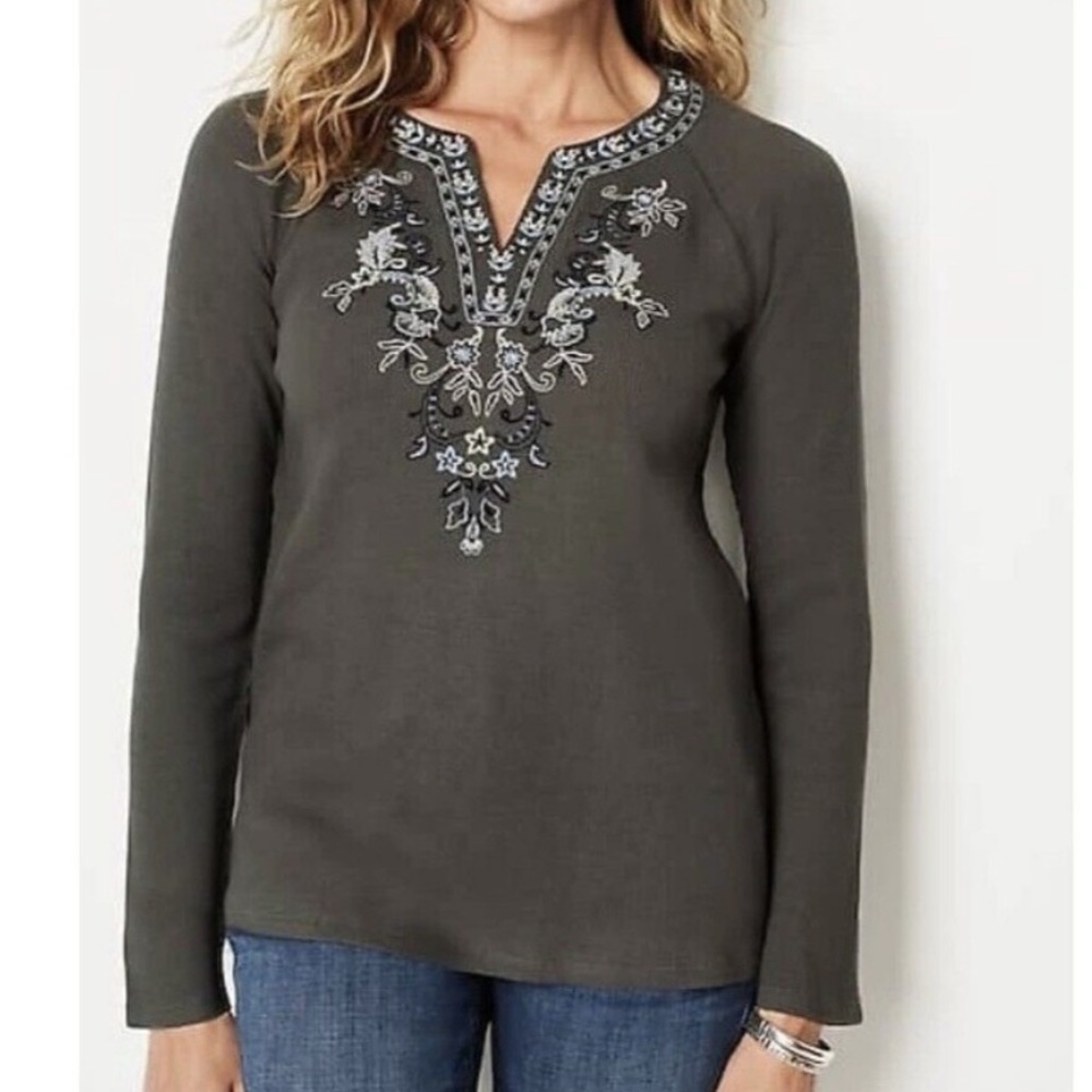 J Jill Embroidered Waffle knit Tunic Top Blouse XL Petite Olive Green V-neck